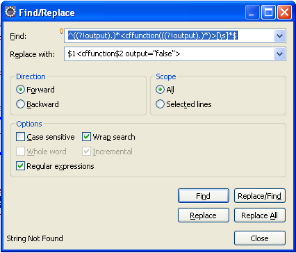 Eclipse search and replace regular expression to add output=false to all cffunction tags